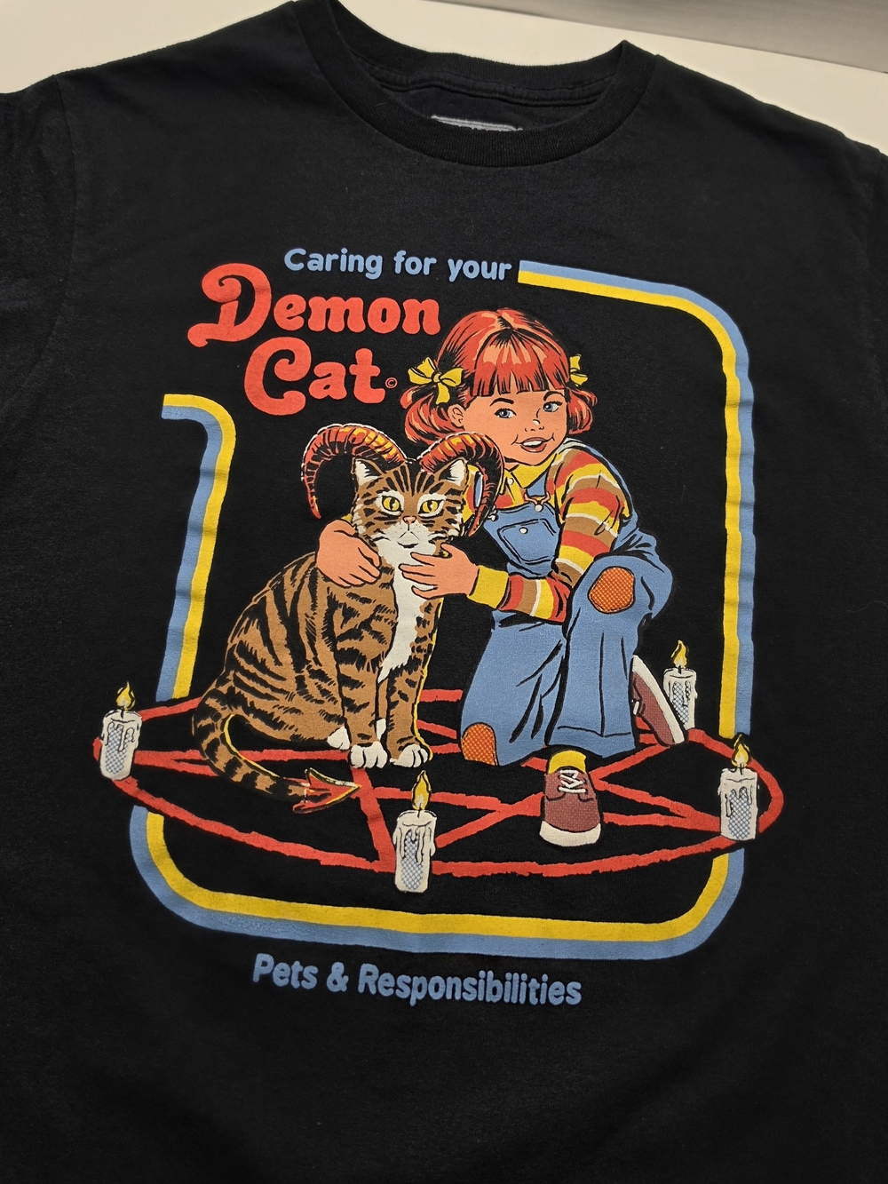 Black 'Demon Cat' Graphic Tee - Playful Retro Illustration